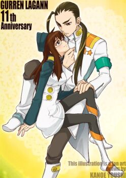 1boy 1girl black_pantyhose breasts brown_hair closed_mouth dress garrison_cap glasses hat kanoe_youshi kinon_bachika long_hair pantyhose ponytail rossiu_adai tengen_toppa_gurren_lagann uniform