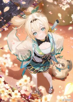 1girl aqua_eyes black_gloves black_hairband blonde_hair blurry blurry_foreground bow chest_sarashi closed_mouth clothing_cutout commentary_request copyright_notice crossed_bangs day double-parted_bangs falling_petals flower full_body gloves green_hakama hair_between_eyes hair_bow hairband hakama hakama_short_skirt hakama_skirt hands_on_own_hips haori hip_vent hololive japanese_clothes kazama_iroha kazama_iroha_(1st_costume) kimono looking_at_viewer medium_hair official_art outdoors petals pokobee pompocy ponytail sarashi skirt smile solo standing tabi thighhighs virtual_youtuber white_flower white_kimono white_thighhighs yellow_haori