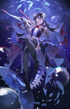 1girl absurdres asymmetrical_gloves black_boots black_dress black_gloves black_shrug black_thighhighs boots breasts bubble colored_inner_hair commentary_request dress dual_wielding earclip earrings full_body gloves hair_ornament high_heel_boots high_heels highres holding holding_sword holding_weapon honkai:_star_rail honkai_(series) hysilens_(honkai:_star_rail) jewelry long_hair long_sleeves medium_breasts mismatched_gloves multicolored_hair parted_lips purple_eyes purple_hair red_gloves shrug_(clothing) solo sword thighhighs thighs very_long_hair weapon woodylixx