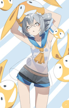 Rule 34 | 1girl, absurdres, armpits, black shorts, blue sailor collar, breasts, bronya zaychik, chinese commentary, commentary, doll, highres, holding, holding doll, homu (honkai impact), honkai (series), honkai impact 3rd, official alternate costume, qtian, sailor collar, shirt, short hair, short shorts, shorts, small breasts, solo, striped background, thighs, white shirt