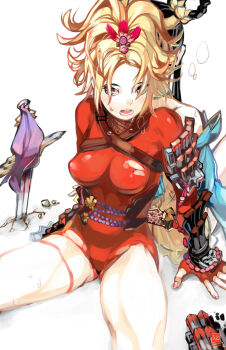 10s 2012 2girls armor back-to-back bare_shoulders black_hair blonde_hair bodysuit gyaru hair_ornament hair_up japanese_armor kogal multiple_girls natsu_(soulcalibur) overlord_jc shoulder_armor sode soul_calibur soulcalibur soulcalibur_v sword weapon yan_leixia