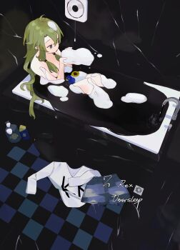1girl absurdres bath bathing bathtub checkered_floor clothing_aside foam green_hair hair_between_eyes hands_up highres in_bathtub long_hair looking_down nude original oversleep solo