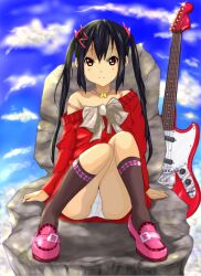Rule 34 | 1girl, alternate costume, black hair, black socks, blush, bow, closed mouth, cloud, collarbone, day, dot nose, female focus, full body, guitar, instrument, jewelry, k-on!, legs, long sleeves, looking at viewer, nakano azusa, necklace, outdoors, panties, rock, shoes, sitting, sky, socks, solo, thighs, underwear, white panties