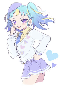 1girl :3 :d beret blonde_hair blue_hair blue_necktie blush cardigan collared_shirt commentary_request cowboy_shot cropped_legs fang grey_background hand_on_own_cheek hand_on_own_face hand_on_own_hip hand_up hat heart heart_print highres long_hair long_sleeves looking_at_viewer miniskirt multicolored_hair myamu necktie nojima_minami open_mouth pleated_skirt pretty_series purple_eyes purple_hat purple_skirt shirt simple_background skirt smile solo standing streaked_hair striped_necktie twintails v-shaped_eyebrows waccha_primagi! white_cardigan yellow_shirt