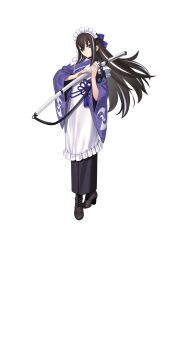 1girl apron boots brown_eyes brown_hair fate/grand_order fate_(series) frilled_apron frills full_body half_updo highres holding holding_sword holding_weapon japanese_clothes katana kawakami_gensai_(fate) kawakami_gensai_(second_ascension)_(fate) kimono large_variant_set long_hair long_sleeves looking_at_viewer maid maid_apron maid_headdress multicolored_hair official_art purple_kimono purple_ribbon ribbon solo standing streaked_hair sword tachi-e takeuchi_takashi third-party_source transparent_background two-tone_hair variant_set wa_maid weapon white_apron white_hair wide_sleeves