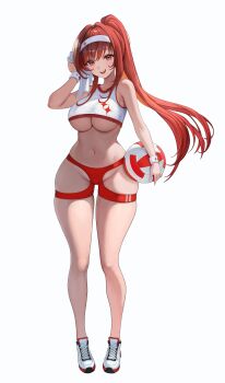 1girl absurdres ball breasts commentary crop_top full_body goddess_of_victory:_nikke groin hairband highres holding holding_ball holding_towel large_breasts long_hair looking_at_viewer md5_mismatch navel open_mouth ponytail rapi_(nikke) rapi_(red_hood)_(nikke) red_hair shoes sideboob sneakers solo standing stomach tank_top teeth third-party_edit towel upper_teeth_only volleyball_(object) white_hairband white_tank_top young99