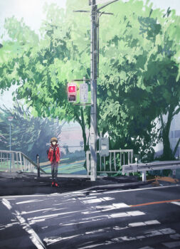 1boy bag black_footwear black_shirt brown_eyes brown_hair building bush crosswalk duffel_bag facing_viewer grass grey_pants guard_rail jacket lamppost leaf male_focus moribuden open_clothes open_jacket outdoors pants queue red_jacket road road_sign shirt sidewalk sign traffic_light tree truss utility_pole yu-gi-oh! yu-gi-oh!_gx yuki_judai