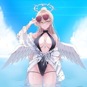 1girl absurdres aviator_sunglasses black_one-piece_swimsuit blue_archive bracelet breasts brown-tinted_eyewear brown_hair covered_navel day feathered_wings funky_dea1er gluteal_fold gold_bracelet halo highres jewelry large_breasts long_hair looking_at_viewer nagisa_(blue_archive) nagisa_(swimsuit)_(blue_archive) official_alternate_costume official_alternate_hairstyle one-piece_swimsuit outdoors pink_halo smile solo standing sunglasses swimsuit tinted_eyewear very_long_hair wading white_wings wings yellow_eyes