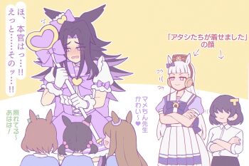 6+girls absurdres animal_ears arrow_(symbol) black_hair bow ear_bow ears_through_headwear fenomeno_(umamusume) flipped_hair gold_ship_(umamusume) grey_hat hat highres horse_ears horse_girl horse_tail horseshoe_hat_ornament horseshoe_ornament horseshoe_print long_hair long_sleeves multicolored_hair multiple_girls peaked_cap pillbox_hat purple_eyes purple_hair school_uniform shirt simple_background smile stay_gold_clan_(umamusume) striped_hat tail tracen_school_uniform trainer_(umamusume) translation_request umamusume w3n6e