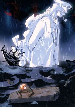 2girls ahab_(project_moon) blue_eyes boat brown_gloves brown_overalls chinese_commentary coat collared_coat commentary_request driftwood giant giantess gloves green_shirt hair_between_eyes hat highres horrified ishmael_(project_moon) limbus_company long_hair long_sleeves mouth_hold multiple_girls nervous_sweating ocean open_clothes open_coat orange_hair overalls partially_submerged peaked_cap project_moon rain sailboat shipwreck shirt short_hair size_difference smoking_pipe storm sweat the_pallid_whale turn_pale very_long_hair watercraft waves wide-eyed yuanbuzhi