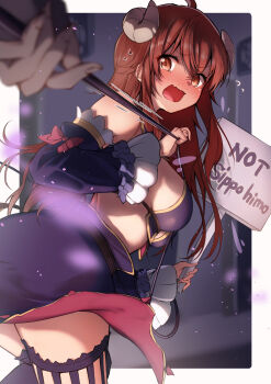 1girl ahoge ass belt blurry blurry_background blurry_foreground blush breasts brown_belt brown_eyes brown_hair cape commentary crisis_management_form_(machikado_mazoku) curled_horns demon_horns demon_tail detached_sleeves fang flying_sweatdrops from_behind from_side highres holding holding_sign horns kootee-on large_breasts long_hair long_sleeves looking_at_viewer looking_back machikado_mazoku nose_blush open_mouth purple_cape revealing_clothes romaji_text sign skin_fang solo_focus tail tail_pull thighhighs thighs translated twisted_torso waist_cape wavy_hair yoshida_yuuko