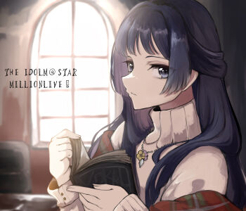 Rule 34 | 1girl, absurdres, black hair, blue eyes, book, commentary request, copyright name, flower, flower necklace, highres, holding, holding book, idolmaster, idolmaster million live!, indoors, jewelry, long hair, long sleeves, looking at viewer, looking to the side, mogami shizuka, necklace, open book, parted lips, plaid clothes, plaid shawl, red shawl, shawl, solo, suzukano pon, sweater, turtleneck, turtleneck sweater, upper body, white sweater, window