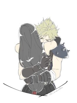 1boy 1girl arms_around_neck bare_shoulders black_gloves black_hair black_skirt blonde_hair camo_niku closed_eyes cloud_strife commentary couple crop_top elbow_gloves english_commentary final_fantasy final_fantasy_vii final_fantasy_vii_remake from_behind gloves hand_on_another's_back hand_on_another's_hip hetero hug long_hair low-tied_long_hair short_hair simple_background skirt sleeveless sleeveless_turtleneck spiked_hair straight-on suspenders sweater tank_top tifa_lockhart turtleneck twitter_username upper_body white_background white_tank_top