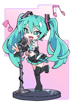 Rule 34 | 1girl, chibi, elenagr, hatsune miku, miniskirt, music, singing, skirt, solo, twintails, vocaloid