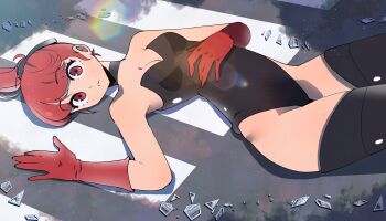 1girl :&lt; absurdres bare_shoulders black_choker black_leotard black_ribbon breasts choker cleavage closed_mouth commentary english_commentary gjh gloves hair_ribbon highres leotard looking_at_viewer lying medium_breasts persona persona_5 persona_5_the_royal ponytail red_eyes red_gloves red_hair ribbon solo violet_(persona_5) yoshizawa_kasumi