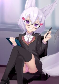 1girl absurdres animal_ear_fluff animal_ears black-framed_eyewear black_jacket black_shoes black_skirt black_thighhighs bow bowtie chair chenki_(chenki) clipboard commentary crossed_legs english_commentary fox_ears fox_girl fox_tail glasses grin hair_between_eyes hair_ornament hairclip high_heels highres holding holding_clipboard holding_pen jacket light_blush long_hair long_sleeves looking_at_viewer low_ponytail office_chair office_lady official_alternate_costume panties pantyshot pen phase_connect pink_panties ponytail purple_eyes shoes sitting skirt smile solo swivel_chair tail tenma_maemi tenma_maemi_(2nd_costume) thighhighs underwear upskirt virtual_youtuber white_bow white_bowtie white_hair