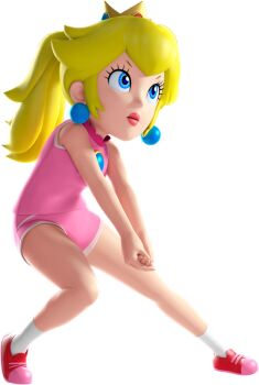 1girl 3d bare_shoulders blonde_hair blue_eyes blue_gemstone breasts brooch closed_mouth collared_shirt crown earrings female_focus full_body gem hair_flaps highres jewelry legs lips lipstick long_hair looking_up makeup mario_&amp;_sonic_(series) mario_&amp;_sonic_at_the_rio_2016_olympic_games mario_(series) mini_crown nintendo official_art own_hands_together pink_lips pink_shirt pink_shorts pocket ponytail princess_peach princess_peach_(summer_sports) red_gemstone red_shoes serious shirt shoes short_shorts shorts sidelocks simple_background sleeveless sleeveless_shirt small_breasts socks solo thighs third-party_source v-shaped_eyebrows v_arms white_background white_socks white_trim yellow_crown