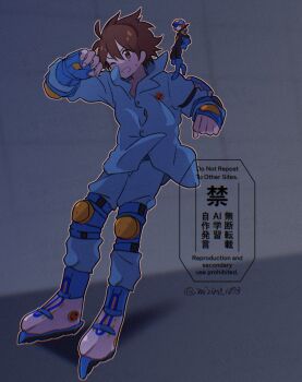 2boys blue_pajamas blue_pants blue_shirt brown_eyes brown_hair dark_background highres inline_skates lan_hikari_(mega_man) male_focus mega_man_(series) mega_man_battle_network_(series) megaman.exe mini_person mizuirov multiple_boys muted_color netnavi one_eye_closed pajamas pants roller_skates shirt short_hair skates solo_focus watermark