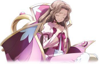 1girl artist_request bow braid brown_hair choker closed_eyes closed_mouth code_geass code_geass:_lost_stories collarbone dress female_focus flat_chest forehead french_braid game_cg gold_trim hair_intakes hands_on_own_chest hands_up highres juliet_sleeves long_dress long_hair long_sleeves non-web_source nunnally_vi_britannia official_art own_hands_together pink_dress powered_wheelchair puffy_sleeves purple_bow purple_choker raised_eyebrows serious sidelocks simple_background sitting solo transparent_background wheelchair