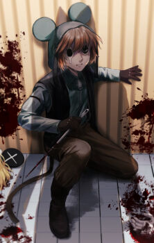 Rule 34 | 3boys, animal hat, black eyes, black vest, blood, blood on ground, blood on wall, bloody weapon, brown gloves, brown hair, gloves, green jacket, hat, highres, holding, holding needle, indoors, jacket, kinder surprised michael jr., looking at viewer, male focus, mouse hat, multiple boys, needle, nil (pixiv 53614557), nyen (randal's friends), on one knee, oversized object, pov, present day problem takeuchi robert, randal's friends, sewing needle, shadow, short hair, sweat, teardrop, trapped, vest, weapon