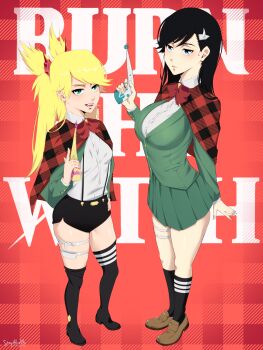 2020 2girls absurdres artist_name black_hair blonde_hair blue_eyes bow breasts burn_the_witch candy cape food green_eyes hair_ornament highres holding holding_weapon large_breasts long_hair multiple_girls niihashi_noel ninny_spangcole red_bow shiny_skin skirt small_breasts standing stayaliveplz thigh_strap thighs twintails weapon