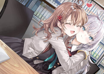 2girls :3 ahoge alisa_mikhailovna_kujou black_skirt blue_eyes brown_hair brown_jacket cheek-to-cheek closed_eyes closed_mouth commentary_request dutch_angle grey_hair hair_ornament heads_together heart highres hug indoors jacket long_hair long_sleeves mariya_mikhailovna_kujou momoko_(momopoco) multiple_girls official_art open_mouth school_uniform seiren_academy_school_uniform siblings sisters sitting skirt smile tokidoki_bosotto_roshia-go_de_dereru_tonari_no_alya-san winter_uniform