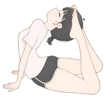 1girl 1ssakawaguchi ahoge arched_back arm_support ass barefoot black_shorts closed_eyes dolphin_shorts feet flat_color from_side highres ichika_(1ssakawaguchi) legs original ponytail shirt short_hair short_ponytail short_shorts short_sleeves shorts simple_background solo thighs toes white_background white_shirt yoga