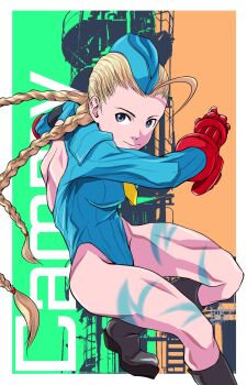Rule 34 | 1girl, ahoge, backless outfit, black footwear, blonde hair, blue eyes, blue hat, blue leotard, bodypaint, braid, cammy white, character doll, commentary request, doll, full body, garrison cap, gloves, hat, highleg, highleg leotard, highres, leotard, lightning bolt symbol, long hair, looking at viewer, low twintails, mimiyama kiichi, red gloves, ribbed leotard, sleeved leotard, solo, street fighter, street fighter zero (series), twin braids, twintails