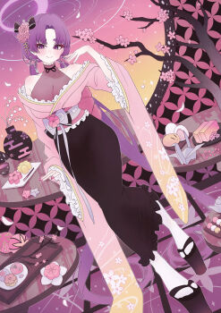 1girl absurdres alternate_costume alternate_hairstyle bare_shoulders black_skirt blue_archive blush breasts cleavage closed_mouth commentary flower hair_flower hair_ornament halo highres japanese_clothes kimono large_breasts long_hair looking_at_viewer low_twintails parted_bangs pink_flower pink_kimono platform_sandals purple_eyes purple_hair purple_halo sandals see-through_cleavage see-through_clothes skirt smile solo sxrxri_a tabi twintails wide_sleeves yukari_(blue_archive)