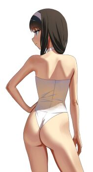 2000s_(style) artist_request ass ass_focus back black_hair blue_eyes facing_to_the_side hairband highres long_hair narrow_waist one-piece_swimsuit presenting presenting_ass see-through_clothes shiny_skin slender swimsuit tohno_akiha tsukihime white_background
