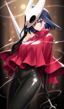 1girl black_bodystocking blue_hair bow bow_earrings breasts character_mask cloak closed_mouth commentary cosplay earrings expressionless fanged_bangs hair_intakes hand_up highres holding holding_mask holding_sword holding_weapon hollow_knight hollow_knight:_silksong hololive hololive_english horned_mask hornet_(hollow_knight) hornet_(hollow_knight)_(cosplay) jewelry large_breasts looking_at_viewer mask mask_on_head needle_(hollow_knight) oopartz_yang ouro_kronii red_cloak short_hair sword virtual_youtuber weapon white_mask