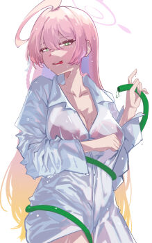 1girl absurdres ahoge arm_behind_back bags_under_eyes bare_arms bare_hips bikini blonde_hair blue_archive blush bow braid breasts cleavage clenched_hand collared_shirt commentary cowboy_shot floating_hair gradient_hair green_eyes hair_bow hair_intakes hair_ornament half-closed_eyes halo hanako_(blue_archive) hanako_(swimsuit)_(blue_archive) highres holding holding_hose hose large_breasts long_hair looking_at_viewer multicolored_hair official_alternate_costume open_clothes outstretched_arm partially_unbuttoned pink_bikini pink_hair pink_halo see-through_clothes shirt single_braid sky smile smile_5m1le solo string_bikini swimsuit tongue tongue_out water wet wet_clothes wet_face wet_hair wet_shirt white_background white_bow white_shirt