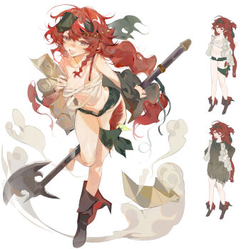 1girl axe bandages feathers heart_pasties huanxiong_dazai original pasties red_hair shoes short_shorts shorts single_shoe