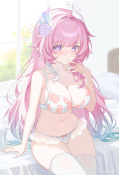 1girl absurdres bed bow bow_bra bow_panties bra breasts commentary cyrene_(honkai:_star_rail) cyrene_(ripples_of_past_reverie)_(honkai:_star_rail) diamond-shaped_pupils diamond_(shape) earrings flower hair_flower hair_ornament highres honkai:_star_rail honkai_(series) jewelry large_breasts long_hair navel on_bed pachi_hsieh panties pink_hair pointy_ears purple_eyes sitting solo stomach symbol-shaped_pupils thighhighs thighs underwear very_long_hair white_bra white_panties white_thighhighs