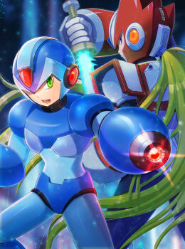 Rule 34 | 2boys, arm cannon, armor, blonde hair, blue armor, blue eyes, blue helmet, cowboy shot, glint, green eyes, helmet, highres, kiwakiwa, long hair, looking at viewer, male focus, mega man (series), mega man x (series), multiple boys, red armor, red helmet, weapon, x (mega man), zero (mega man)