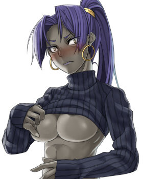 Rule 34 | 1girl, abs, areola slip, asashin (kazami-tomo), assassin (fate/zero), bad id, bad pixiv id, black skin, blush, breasts, brown eyes, clothes lift, colored skin, dark-skinned female, dark skin, earrings, fate/zero, fate (series), female assassin (fate/zero), female focus, fingernails, grey skin, head tilt, high ponytail, hoop earrings, jewelry, large breasts, lips, lipstick, long fingernails, long hair, long sleeves, looking at viewer, makeup, no bra, ponytail, purple hair, purple lips, ribbed sweater, simple background, sleeves past wrists, solo, sweater, sweater lift, turtleneck, underboob, upper body, white background