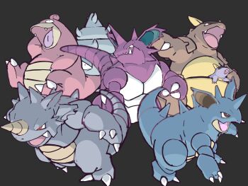 absurdres black_background black_eyes claws commentary fangs full_body gen_1_pokemon highres horns kangaskhan looking_ahead nidoking nidoqueen nintendo no_humans open_mouth pokemon pokemon_(creature) pokemon_focus red_eyes rhydon sharp_teeth simple_background slowbro tail tea_zatter teeth tongue trait_connection