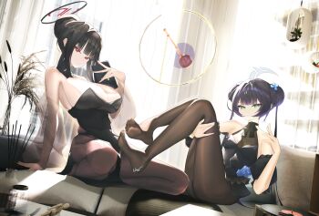 2girls absurdres adobe1998 aqua_eyes ass bag bare_shoulders bead_necklace beads black_dress black_hair black_pantyhose blue_archive breasts cleavage clutch_purse commentary double_bun dress hair_bun halo handbag highres holding holding_bag jewelry kisaki_(blue_archive) large_breasts multiple_girls necklace pantyhose purple_hair red_eyes rio_(blue_archive) sitting small_breasts twintails