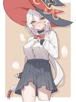 1girl absurdres ahti blue_archive blush border bow bowtie braid breasts commentary cropped_legs crossed_bangs diagonal-striped_bow diagonal-striped_bowtie diagonal-striped_clothes dress_shirt eri_(blue_archive) grey_skirt halo hand_on_own_chest hat highres jewelry large_breasts long_hair long_sleeves looking_at_viewer low-tied_long_hair multicolored_hair multiple_rings pleated_skirt red_bow red_bowtie red_hair ring school_uniform shirt shirt_tucked_in simple_background single_braid skirt solo steam streaked_hair striped_bow striped_bowtie striped_clothes sweat thighs two-sided_fabric two-sided_headwear two-tone_hair undershirt very_long_hair white_border white_hair white_shirt witch_hat