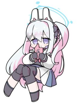 Rule 34 | 1girl, :o, black boots, black bow, blue archive, blue skirt, blush stickers, boots, bow, cellphone, commentary request, full body, grey hair, hair bow, halo, headgear, headset, holding, holding phone, knee pads, knees together feet apart, long sleeves, looking at viewer, miranofuudoria, miyako (blue archive), one side up, parted lips, partial commentary, phone, pink hair, pleated skirt, puffy long sleeves, puffy sleeves, purple eyes, sailor collar, school uniform, serafuku, shirt, simple background, skirt, solo, white background, white sailor collar, white shirt