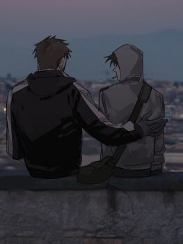 2boys afraid_of_monsters bag black_gloves black_hair black_hoodie black_shirt brotherhon56337 brown_hair city creator_connection cry_of_fear david_leatherhoff facing_away gloves grey_gloves grey_hoodie hand_on_another's_back highres hood hood_down hood_up hoodie looking_at_another male_focus multiple_boys on_wall scar scar_on_face shirt short_hair shoulder_bag simon_henriksson sitting skyline sunrise