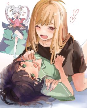 Rule 34 | 3girls, bare shoulders, black kimono, black shirt, blonde hair, bracelet, cho kaguya-hime!, commentary, green eyes, green shirt, hair rings, heart, highres, japanese clothes, jewelry, kaguya (cho kaguya-hime!), kimono, lying on person, multiple girls, off shoulder, one eye closed, open mouth, purple hair, red eyes, ringosan2329, runami yachiyo, sakayori iroha, shirt, smile, twintails, untranslatable commentary, white hair, yuri