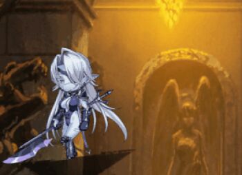 Rule 34 | 1girl, :>, animated, animated gif, armor, armored boots, bare legs, beelzebub (taimanin series), black leotard, blue skin, boots, breasts, chibi, cleavage, colored skin, demon girl, eyepatch, full body, grey hair, highleg, highleg leotard, holding, holding weapon, horse, leotard, lilith-soft, long hair, looking ahead, pointy ears, red eyes, revealing clothes, shiny skin, taimanin (series), taimanin rpgx, thong leotard, very long hair, weapon, wide hips