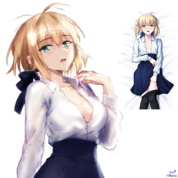 1girl ahoge artoria_pendragon_(fate) blonde_hair blush braid braided_base braided_bun breasts bun_with_braided_base fate/stay_night fate_(series) gigiiproject green_eyes hair_bun high-waist_skirt highres petite reference_sheet saber_(fate) skirt solo