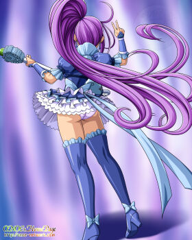 10s 1girl ass back bad_id bad_pixiv_id blue_boots blue_skirt boots cure_beat earrings electric_guitar female_focus fingernails frilled_skirt frills from_behind guitar heart high_heels highres instrument jewelry kurokawa_eren long_hair magical_girl onoe panties pantyshot precure purple_hair seiren_(suite_precure) shiny_skin side_ponytail skirt solo standing suite_precure thigh_boots thighhighs underwear upskirt v watermark web_address