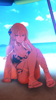 1girl absurdres beach beach_umbrella blonde_hair breasts cloud cloudy_sky commentary english_commentary hair_ornament heaven_burns_red highres long_hair medium_breasts on_ground sand sandals shade shirakawa_yuina sky swimsuit umbrella utsusemi_(parutyi)