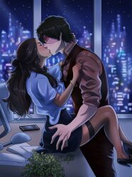 1boy 1girl alternate_universe artcraawl avatar:_the_last_airbender avatar_legends black_hair black_vest blouse blue_shirt blurry blurry_background brown_hair brown_shirt brown_thighhighs burn_scar cityscape closed_eyes commentary commission dark-skinned_female dark_skin desk english_commentary french_kiss hetero high_heels highres interracial katara kiss leg_lock long_hair night office office_lady on_desk pencil_skirt scar scar_on_face see-through_clothes see-through_legwear shirt sitting skirt standing_leg_lock thighhighs vest zuko