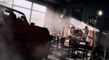 1boy 3girls absurdres black_hairband black_jacket blade_(honkai:_star_rail) blurry blurry_foreground booth_seating chair character_request check_character chest_harness commentary_request eyewear_on_head firefly_(honkai:_star_rail) gloves green_hair grey_hair hairband harness head_down high-waist_shorts highres honkai:_star_rail honkai_(series) indoors jacket kafka_(honkai:_star_rail) menu menu_board multiple_girls pantyhose pantyhose_under_shorts purple_eyes purple_gloves purple_hair purple_pantyhose restaurant round_eyewear shorts silver_wolf_(honkai:_star_rail) sitting sunglasses table window window_blinds zassyoku_dd