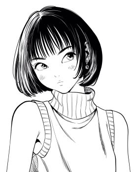 1girl bob_cut breasts commentary_request earrings frown head_tilt highres jewelry lee_(dragon_garou) light_blush lips looking_up monochrome original short_hair sleeveless sleeveless_turtleneck small_breasts solo turtleneck upper_body