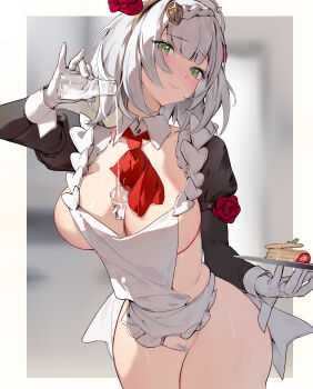 1girl absurdres apron arm_up between_breasts braid breasts cleavage commentary_request cowboy_shot detached_collar detached_sleeves female_pubic_hair flower frills genshin_impact gloves green_eyes grey_hair hair_flower hair_ornament highres holding houkisei juliet_sleeves large_breasts long_sleeves looking_at_viewer maid maid_apron maid_headdress necktie no_bra no_panties noelle_(genshin_impact) object_on_breast outside_border plate pouring pouring_onto_self pubic_hair puffy_sleeves revealing_clothes short_hair smile solo standing white_gloves